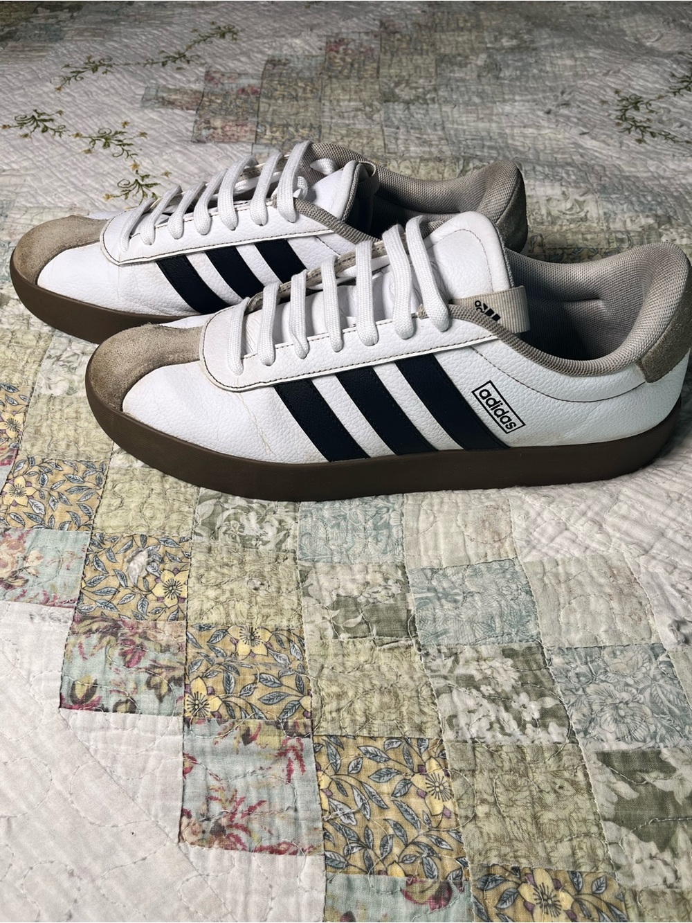 adidas White Sneakers with Black Stripes and Brown Sole-Size 12